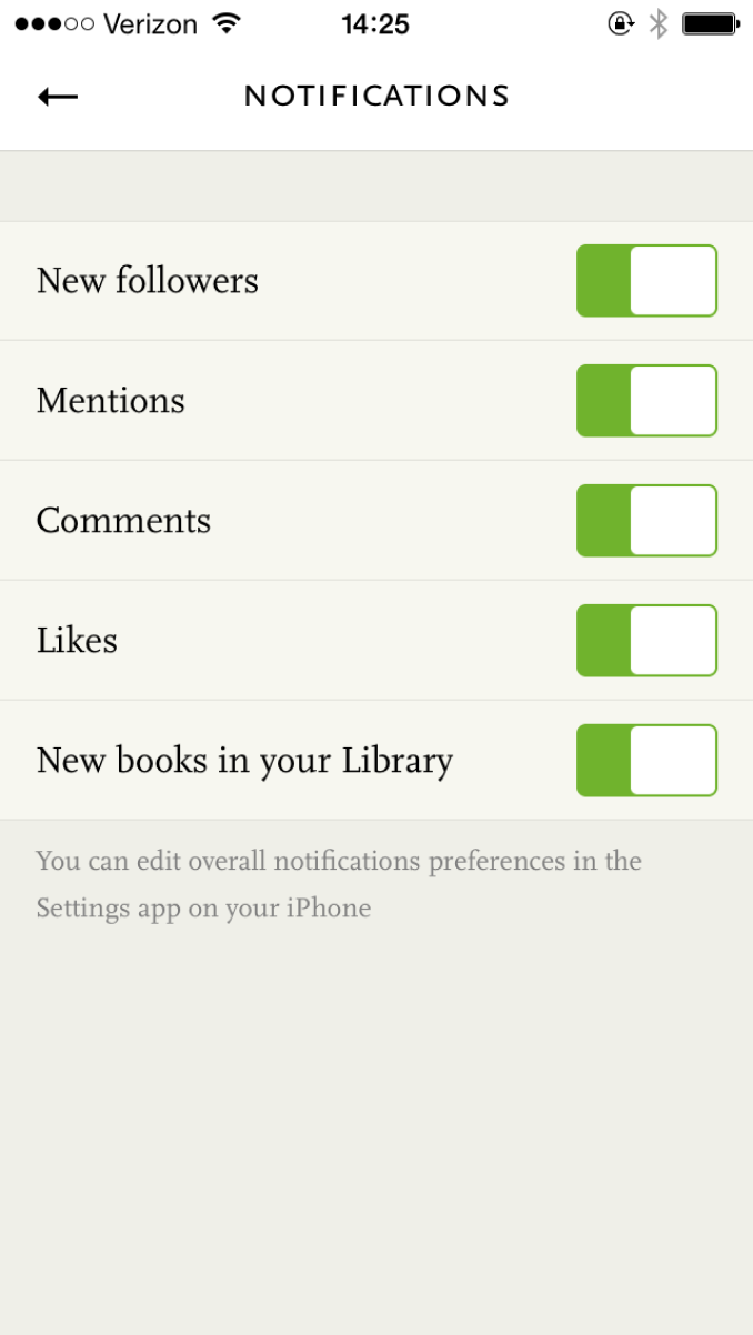 Readmill for iPhone - Notifications settings